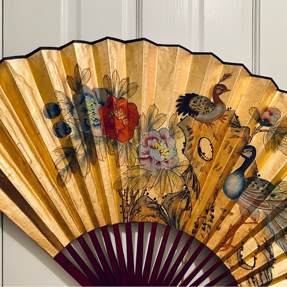 Wall Decor Rare Vintage Hand Painted Gold Leaf Chinese Wall Fan